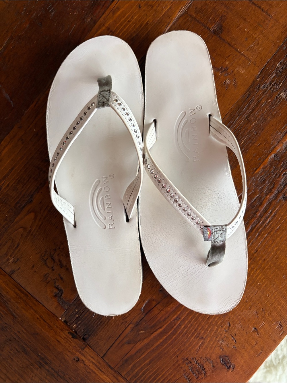 Rainbow White Rhinestone T-Strap Flip Flop Sandals